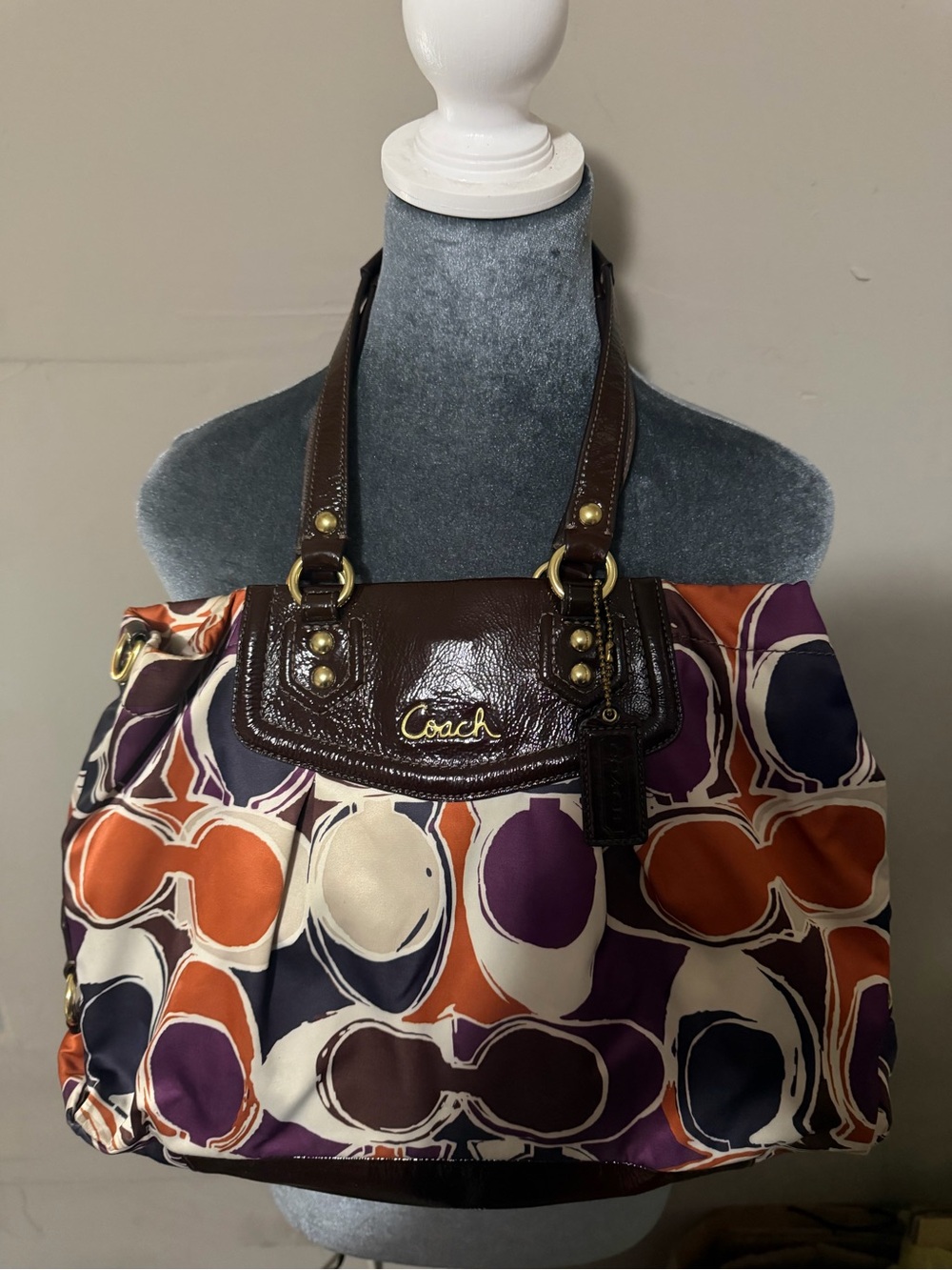 Coach Multicolor Circle-Print Shoulder Bag with Brown Leather Trim